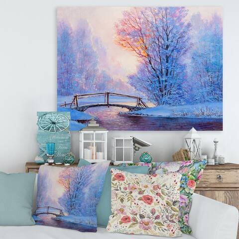 Designart "Winter Landscape With A River and A Bridge" Lake House Canvas Wall Art Print