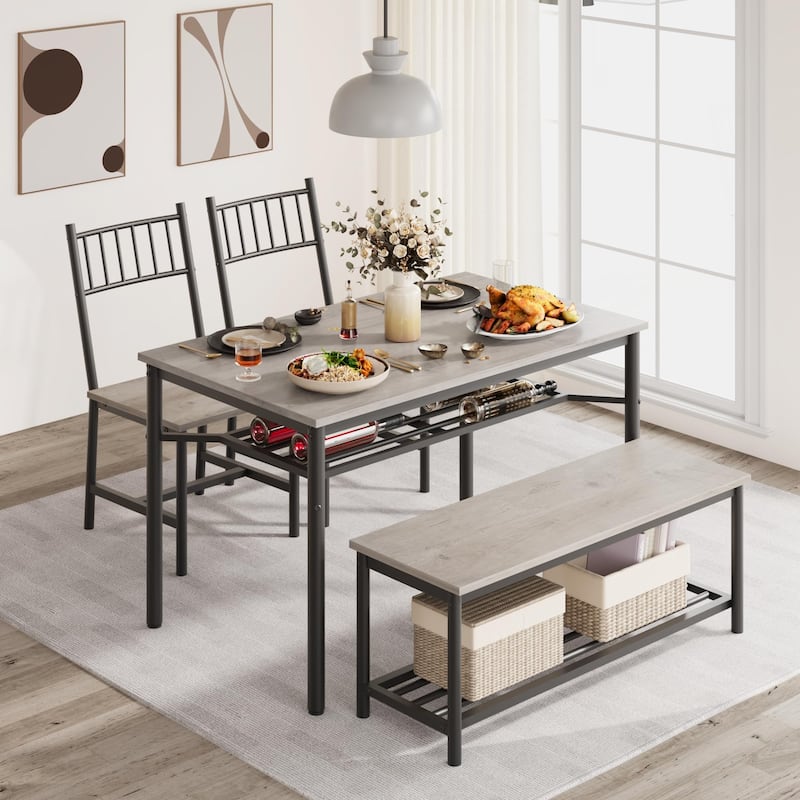 47.2" Rectangular Dining Table Set with Storage Bench and Wine Rack - Grey