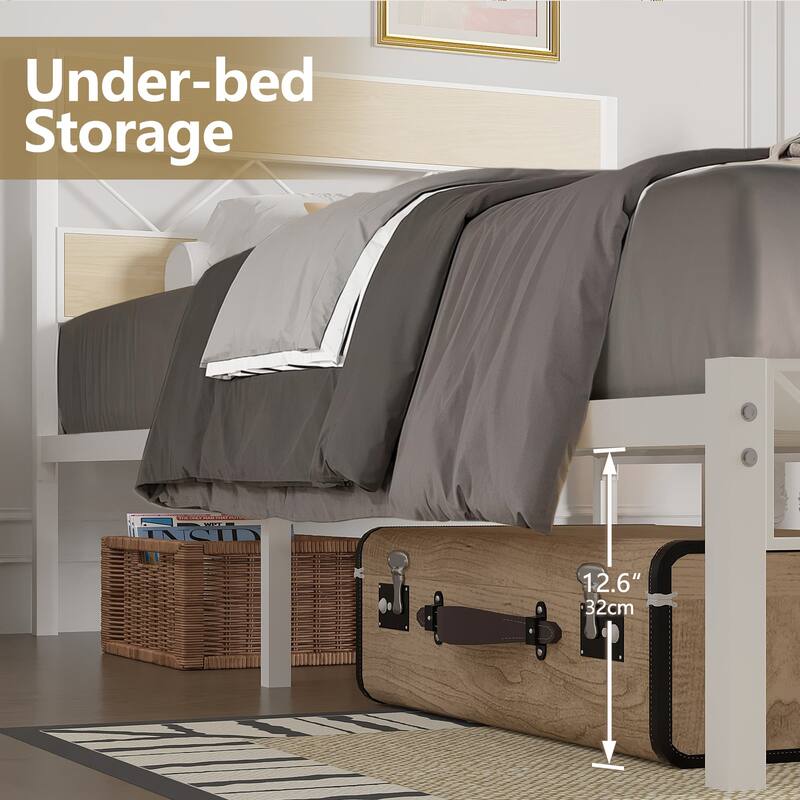 VECELO Vintage Metal Platform Bed Frame with Wood Headboard, Storage Bed, Noise-Free, No Box Spring Needed, Twin/Full/Queen Size