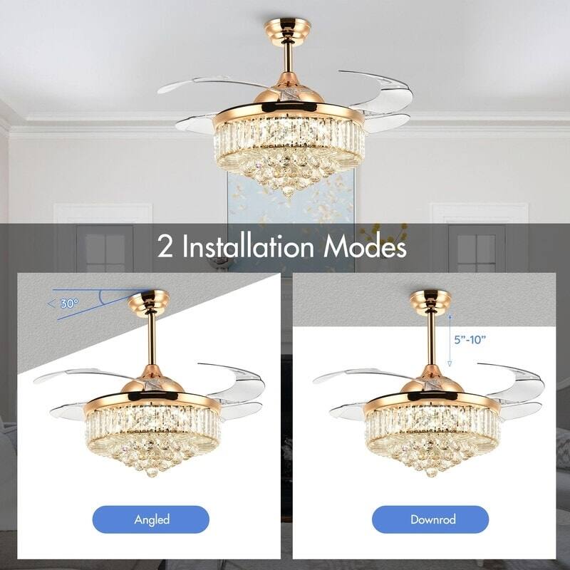 48 in. Crystal Ceiling Fan with Lights Remote Control Retractable Dimmable Fandelier Reversible LED Ceiling Fan for Bedroom
