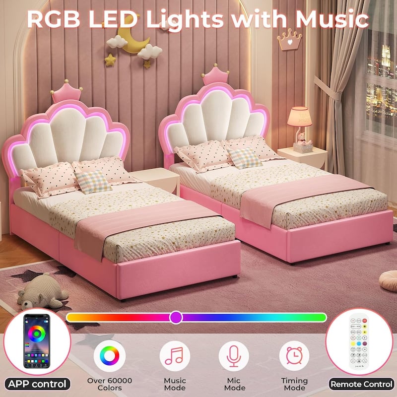 Bed Frame LED Lights Girls Bed Princess Crown Velvet Upholstered Platform Bed