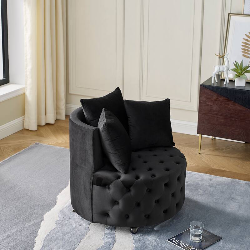 Roomfitters Velvet Swivel Chair with Tufted Button Design, Round Accent Chair with 3 Pillows and Wheels, Lounge Seating