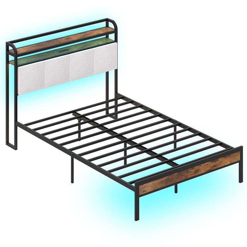 Bed Frame with LED Lights Charging Ports and Storage Headboard - Full