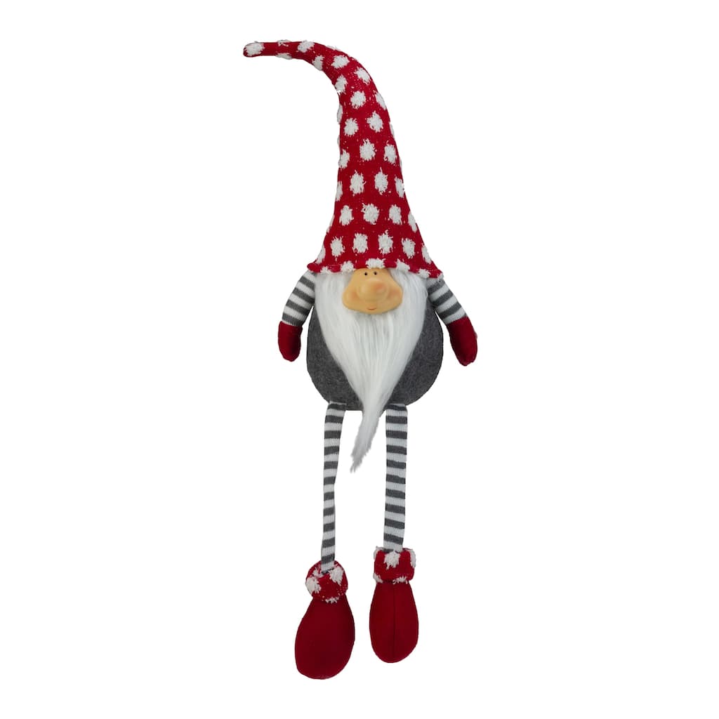 Hanging Leg and Polka-Dot Snow Cap Smiling Gnome - 24" - Gray and Red