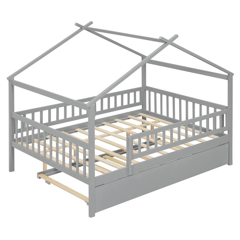 Roomfitters Full Size Wooden House Bed with Twin Trundle and Roof Frame Pine