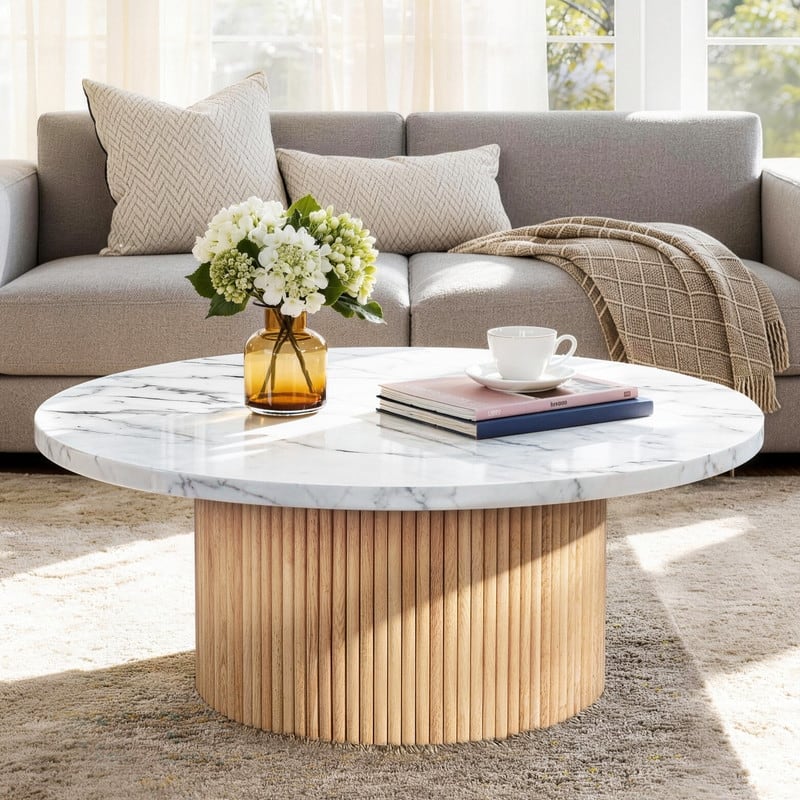 Modern Round Coffee Table with Solid Wood Fluted Design