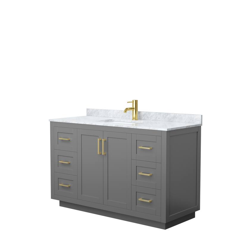 Miranda Single Vanity Set, White Carrara Marble Top, No Mirror - 54-Inch Single - Dark Gray, Gold Trim, White Carrara Marble Top