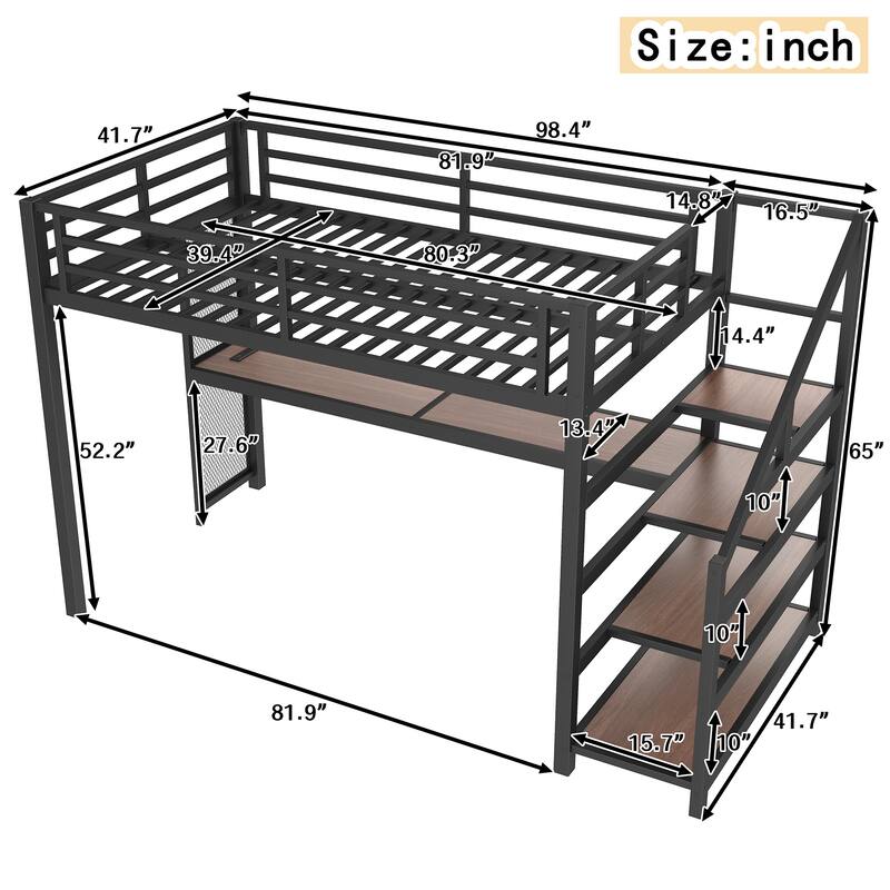 Twin XL Loft Bed with Desk and Storage Stairs, Metal Loft Beds with LED Lights, USB Ports, Multifunctional Iron Nets