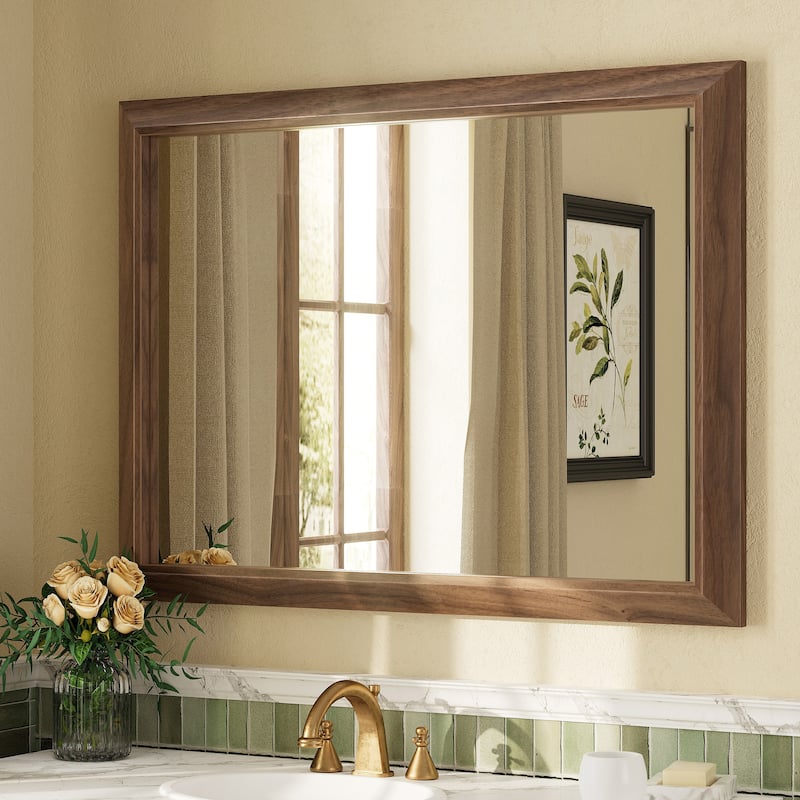 Beveled Metal Rectangle Framed Bathroom Vanity Tempered Glass Mirrors - 40" x 30" - Dark Brown