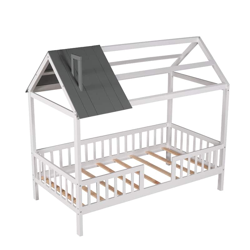 Twin Size House Bed with Fence, Semi-enclosed Play Platform Bed with Roof and Chimney Decoration, for Kids Bedroom