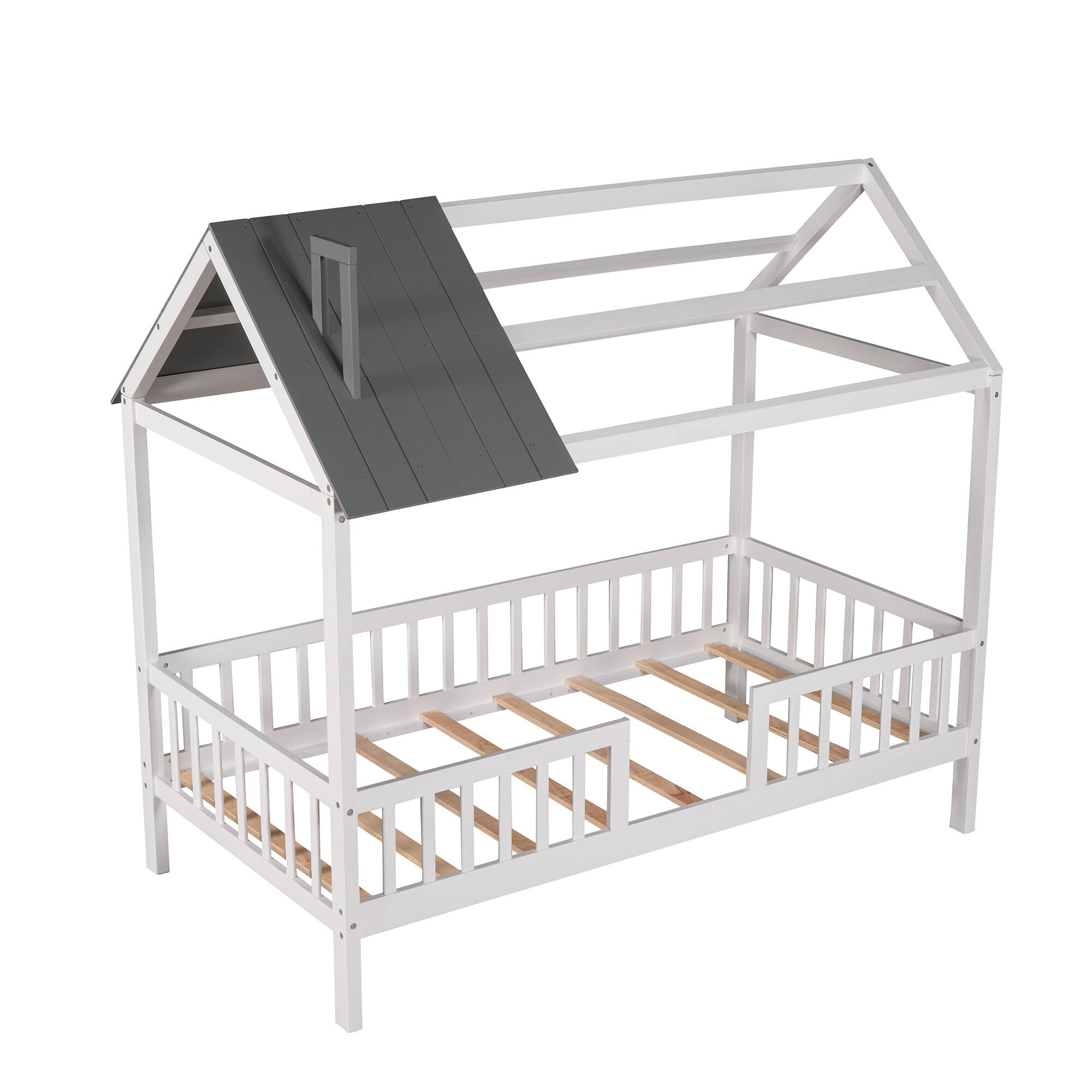 Twin Size House Shaped Canopy Bed with Fence - Solid Wood Slats Support ...
