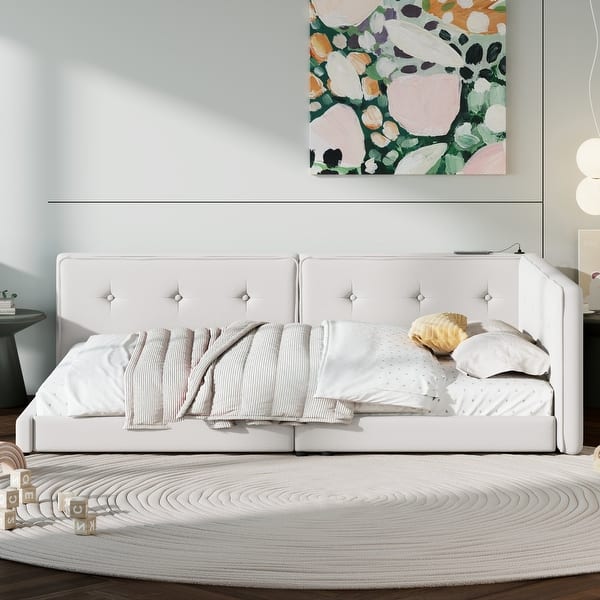 slide 2 of 25, Full Size Upholstered Platform Bed with USB Ports, Sturdy Wood Frame, Beige Beige