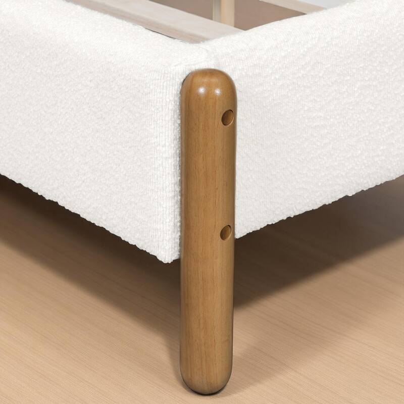 Queen/King Size Boucle Upholstered Platform Bed Frame with Solid Wood Legs and Padded Headboard, White