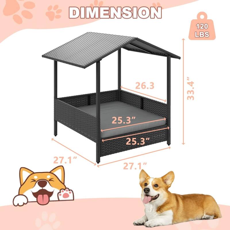 BOSSIN PE Rattan Dog House with Canopy - Indoor/Outdoor Shelter for Small/Medium Dogs, Removable Cushion - Patio,Yard, Poolside