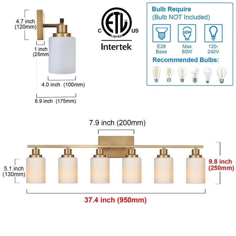 6-Light Bathroom Light Fixtures Brushed Brass 6-Light Bathroom Vanity Light, Bathroom Lights Over Mirror with Milky Glass Shade - Black