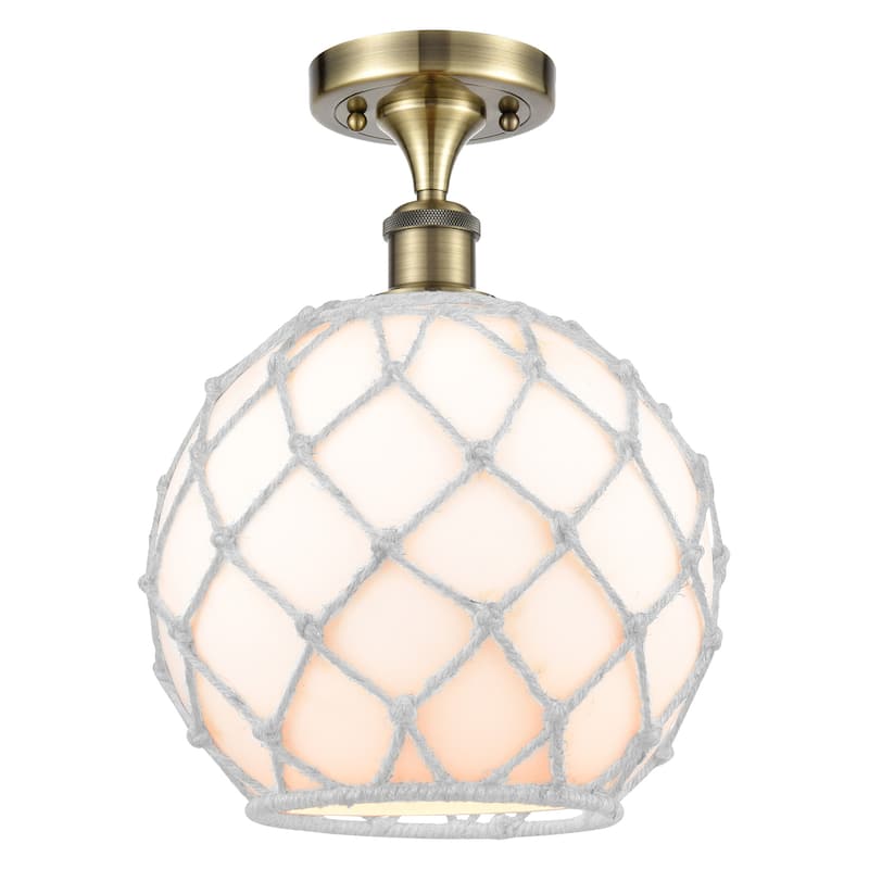 Innovations Lighting 516-1C-15-10 Farmhouse Rope Semi-Flush Farmhouse - Antique Brass / White Glass with White Rope