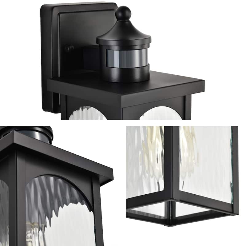 12 in. 1-Light Matte Black Motion Sensing Dusk to Dawn Outdoor Hardwired Wall Lantern Sconce with Clear Water Wave Glass