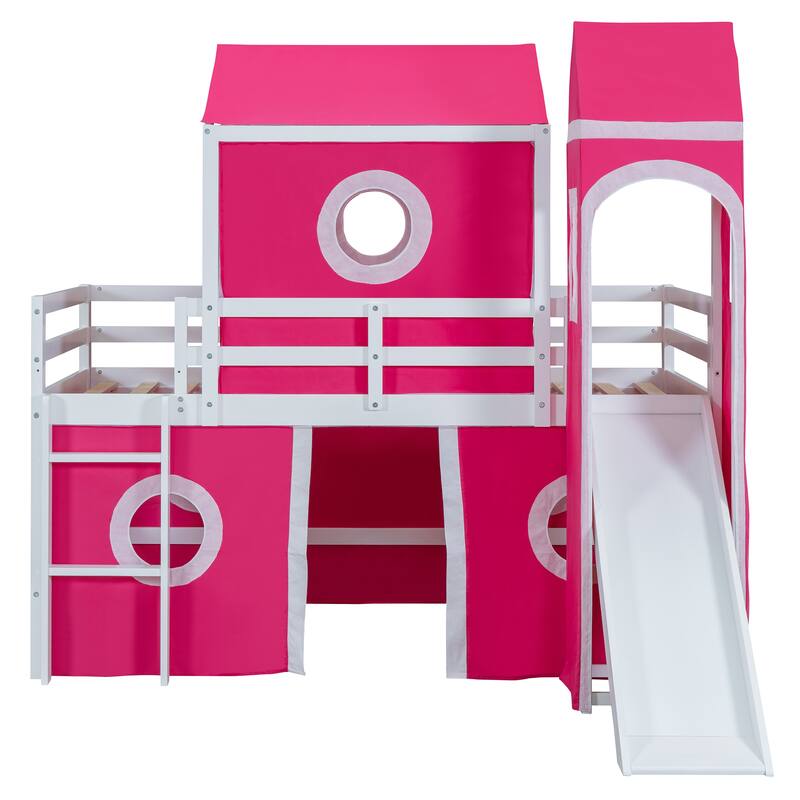 Pink Twin Size Solid Wood Loft House Bed with Slide Tent, Tower, Ladder, and Fence Baffle for Bedroom