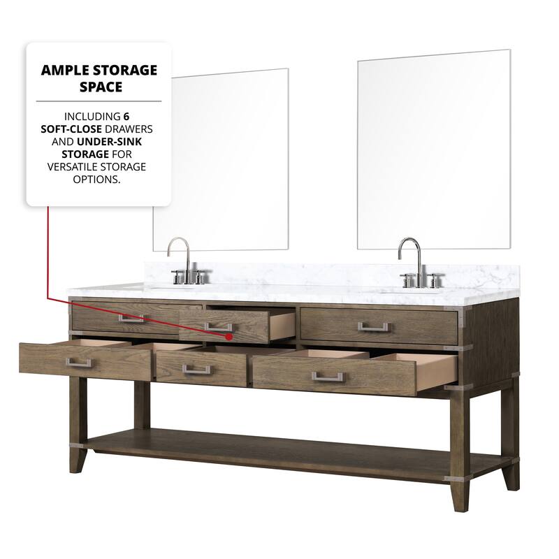 Lexora Norwalk Bath Vanity, Carrara Marble Top, Faucet Set, and Mirror