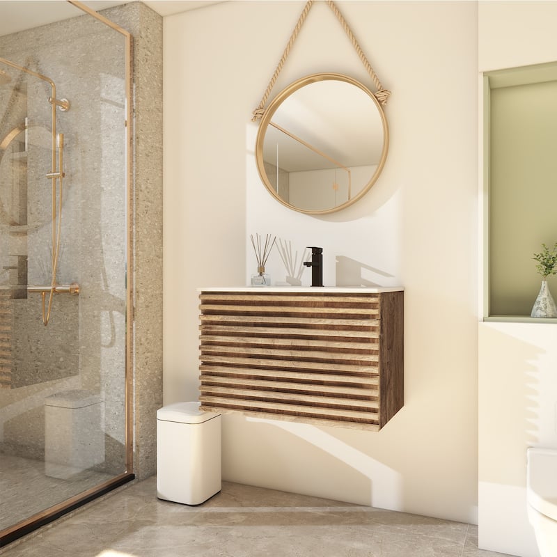 Wall Mounted Bathroom Vanity Set W/ Drop in Sink Mid-Century Cabinet Set - 30" - Natural