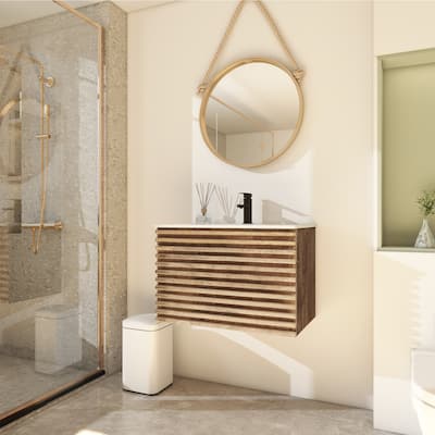 Wall Mounted Bathroom Vanity Set W/ Drop in Sink Mid-Century Cabinet Set
