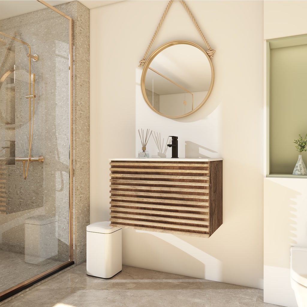Wall Mounted Bathroom Vanity Set W/ Drop in Sink Mid-Century Cabinet Set