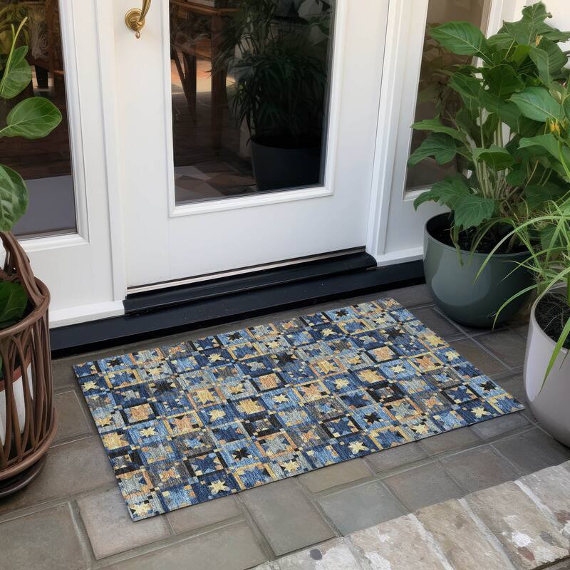 Machine Washable Indoor/ Outdoor Global Goddard Chantille Rug - Navy - 1'8" x 2'6"