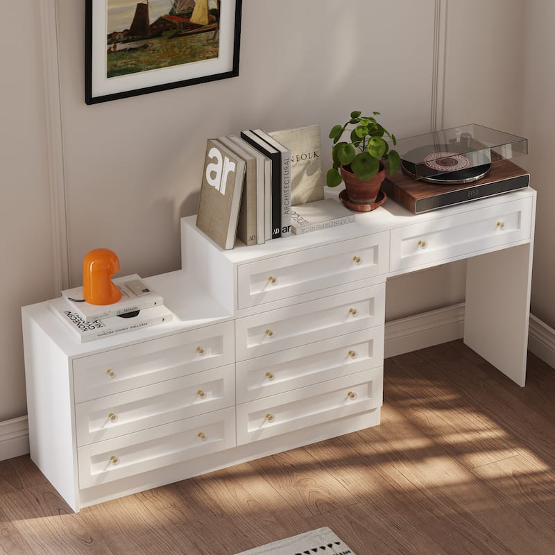 White Dresser & Vanity Combo Spacious Storage with Chic Crystal Knobs