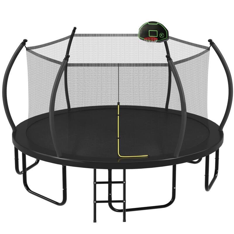 16FT Trampoline with Basketball Hoop for Kids and Adults, Round Outdoor Trampoline with Enclosure Net & Curved Poles & Ladder