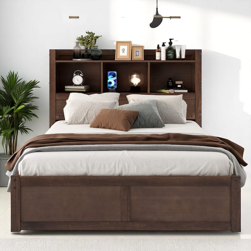 Full Storage Bed with Trundle, Headboard Shelves, USB Charging Port & 2 Drawers, Pine Wood Frame