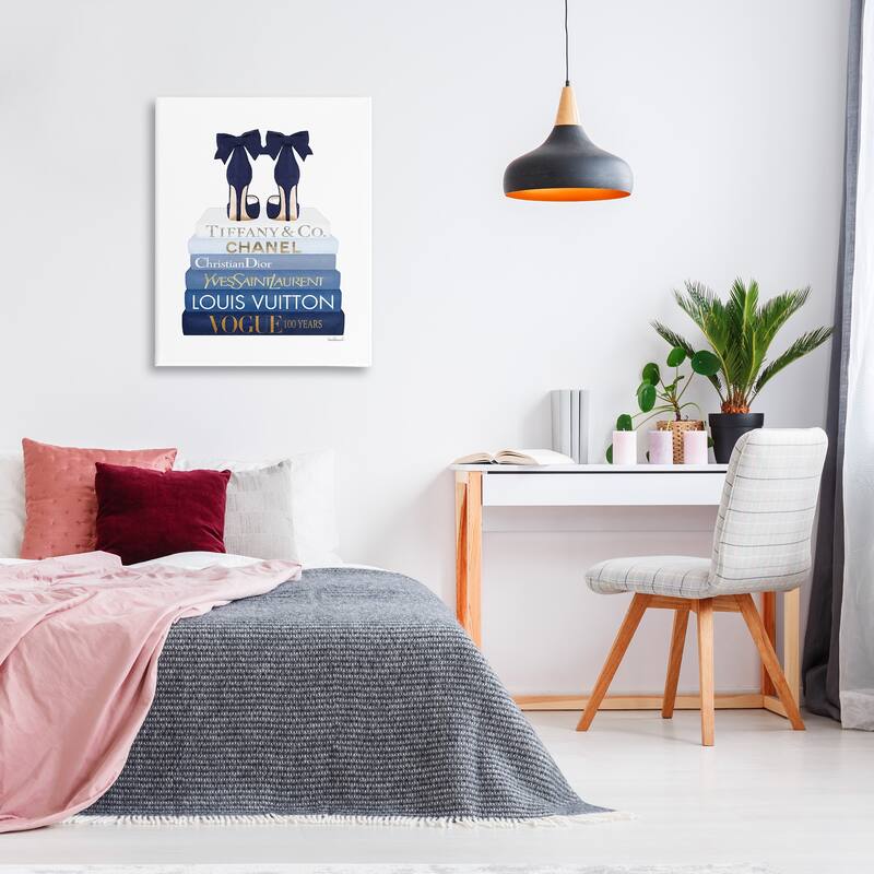 Stupell Navy Blue Bow Heels Chic Glam Bookstack Canvas Wall Art