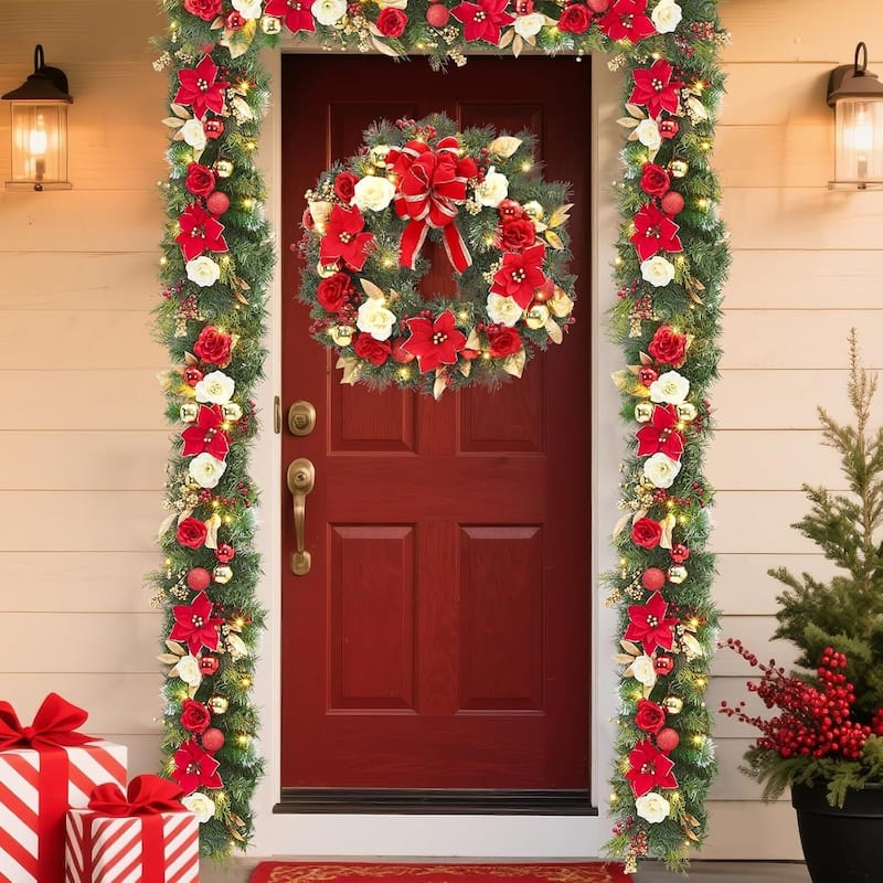 24 Inch Pre-Lit Front Door Christmas Wreath with Red Bow, Lights - N/A