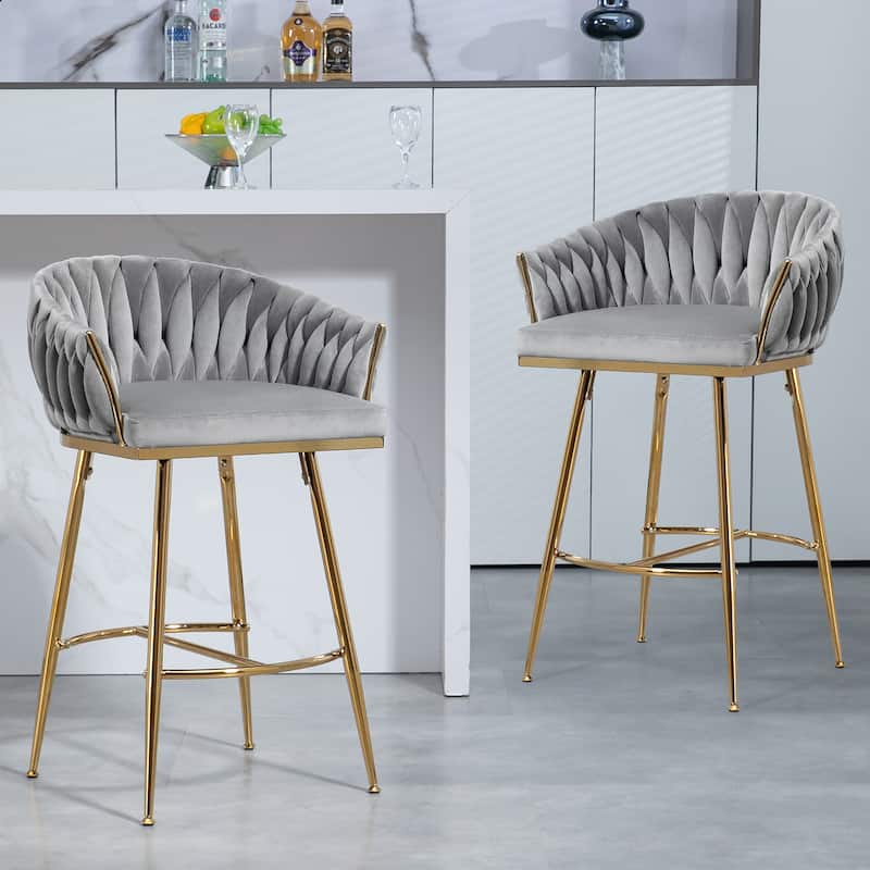 26''Counter Height Bar Stools Velvet Kitchen Island Counter Bar Stool With Hand- Wave Back,Golden Chromed Base And Footrest