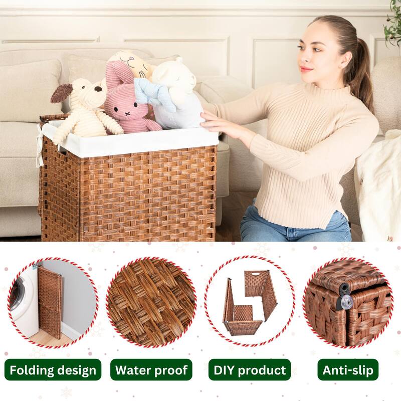 Laundry Hamper with Lid, 100L Wicker Laundry Baskets with 2 Removable Liner Bags - 18"Lx13.5"W x24"H