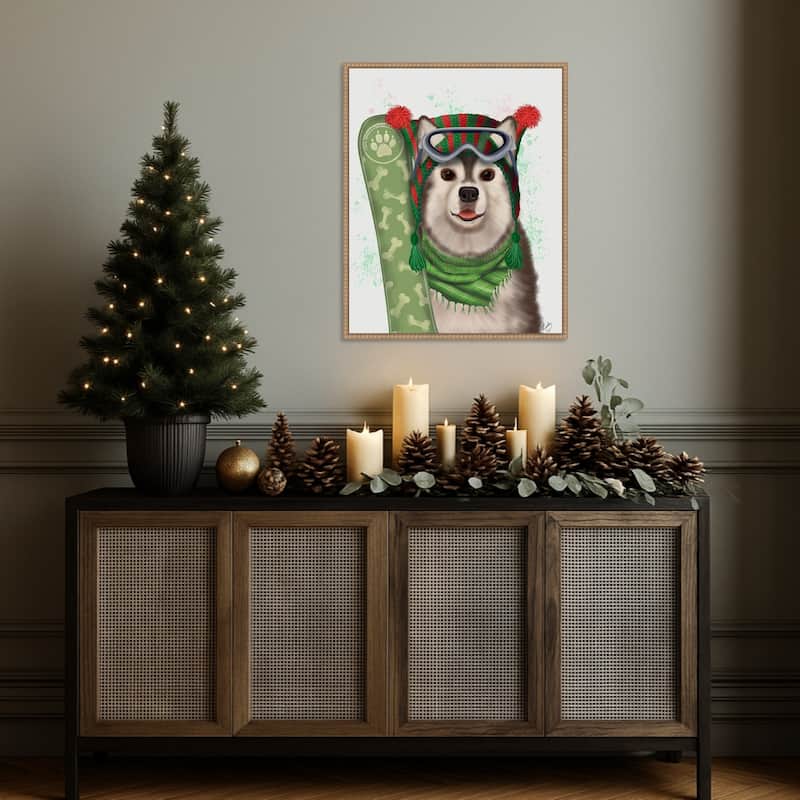 Husky Snowboard by Fab Funky (23 x 28 in.), Framed Canvas Wall Art Print - Sylvie Beaded Rustic Natural