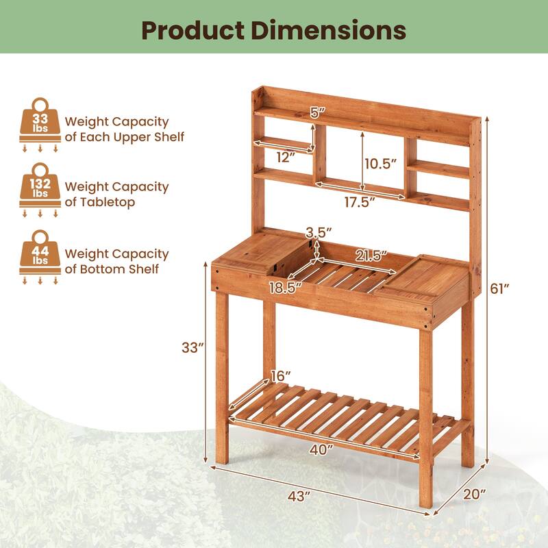 Gymax 61'' Wooden Potting Bench Table w/3-Tier Open Shelf Flip-up