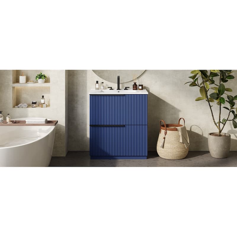 30" Bathroom Vanity with Ceramic Sink and Full-Extension Drawers, Freestanding Bathroom Vanity with Soft Close Drawer Slides
