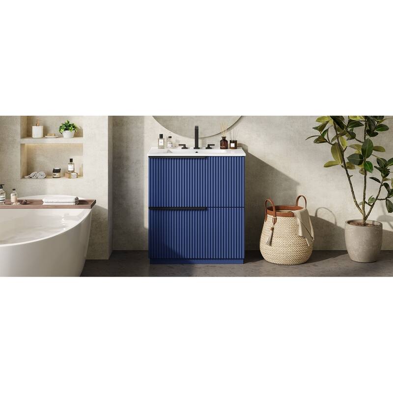 30" Bathroom Vanity with Ceramic Sink and Full-Extension Drawers,Freestanding Vanity with Soft Close Drawer Slides,Fluted Design