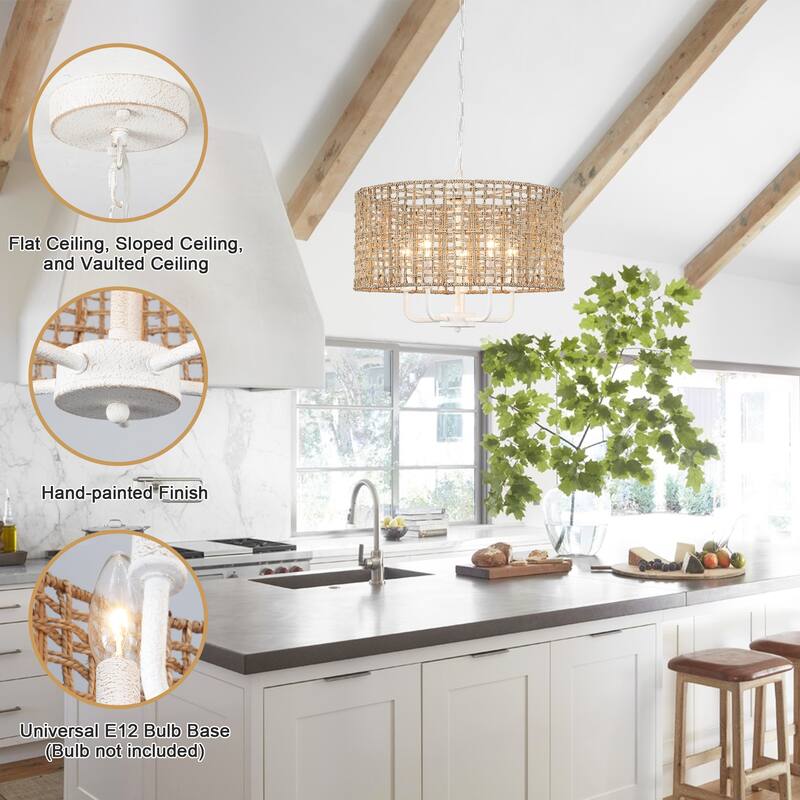 5 - Light Dimmable Drum Chandelier Natural Rattan Bohemian & Coastal Pendant - 18.9 in