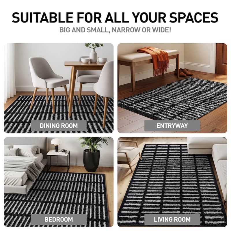 Bohemian Stripe Lines Shag Rug - Textured Surface - Anthracite Dark Gray - Easy to Clean