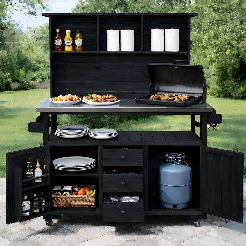 65" Outdoor Potting Bench with Stainless Steel Top, Rolling Garden Workstation with Hutch & Storage