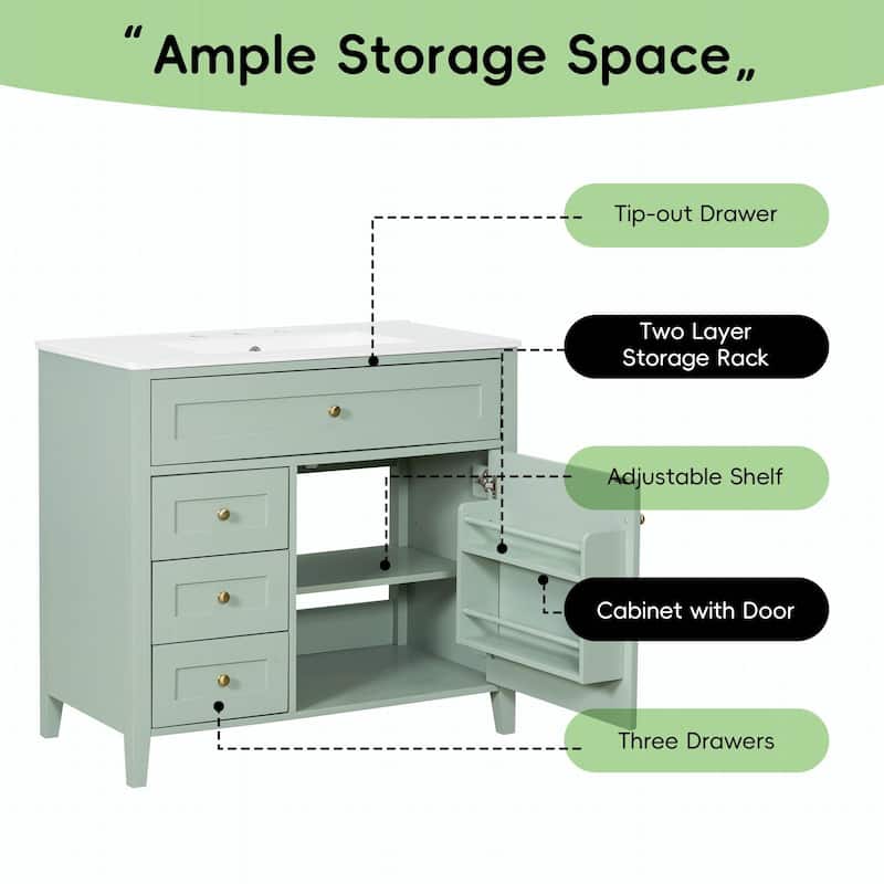 Bathroom Vanity with Sink, Modern MDF and Rubberwood Cabinet with 3 Drawers and Adjustable Shelf