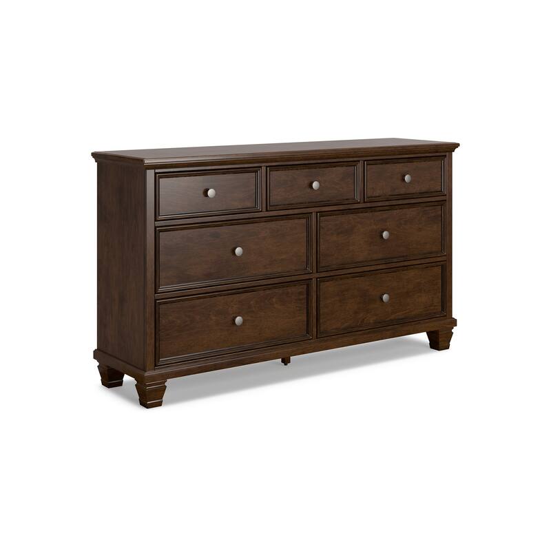 Reno Wide Dresser, 7 Storage Drawers, Nickel Round Knobs, Rich Brown