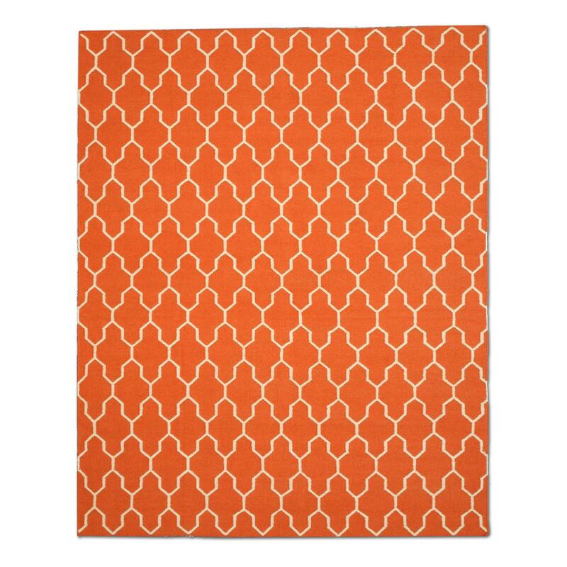 Orange Wool Reversible Rug 5'6 x 8' - Vibrant Flatweave Design with Chic Trellis Pattern - N/A