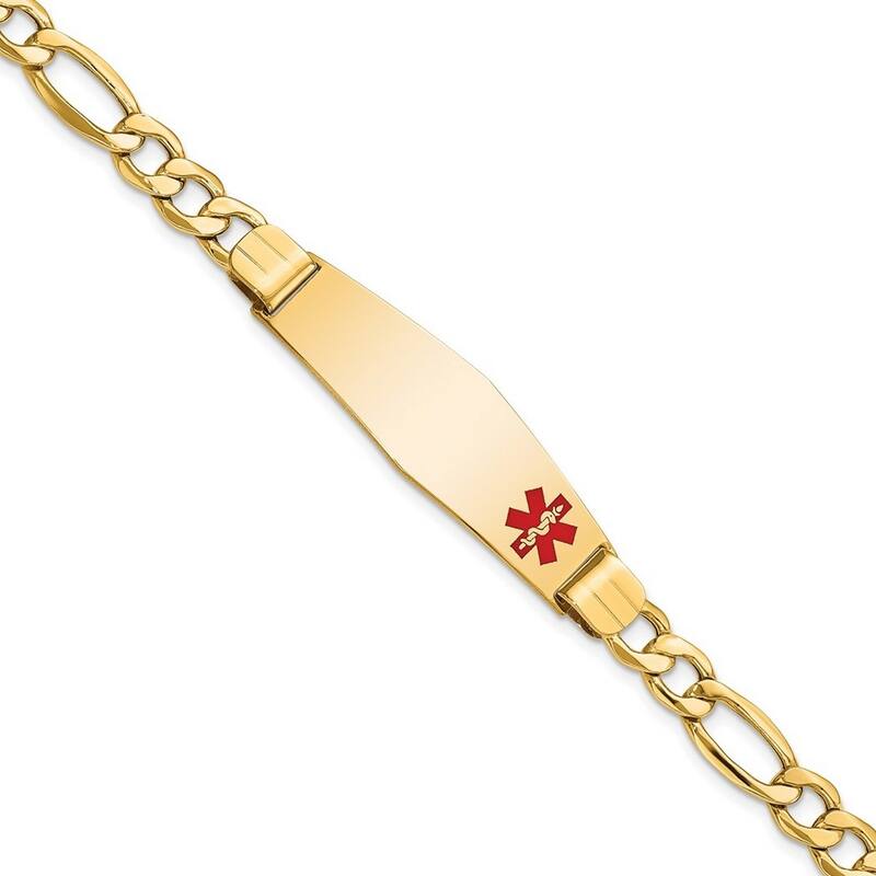 Curata 14k Yellow Gold 8" 13.5mm Engravable Medical Red Enamel Figaro Link ID Bracelet