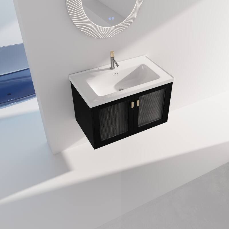 Wall-Mounted Bathroom Vanity with Ceramic Sink, Soft-Closing Doors, and Metal Handles, Black Chestnut Finish - 31.9in L Plywood