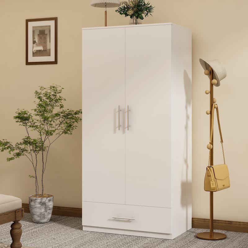 31.5"W x 66.9"H Wardrobe Armoire Cloest with Drawer In Black,White - White
