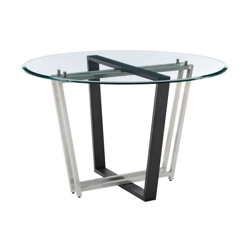 Sanaya Dining Table, 48 Inch Glass Top, Silver Steel, Black Iron - Black, Silver, Clear