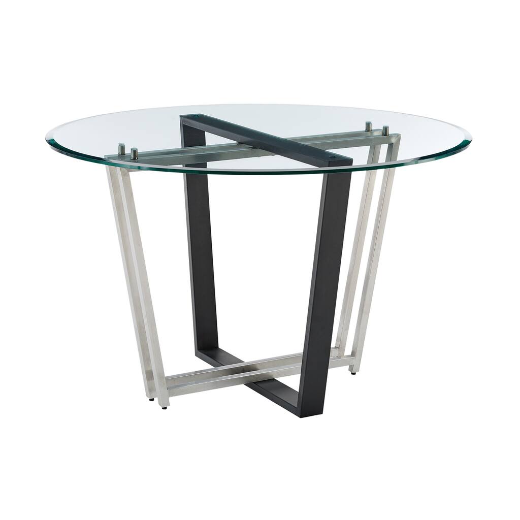 Sanaya Dining Table, 48 Inch Glass Top, Silver Steel, Black Iron - Black, Silver, Clear