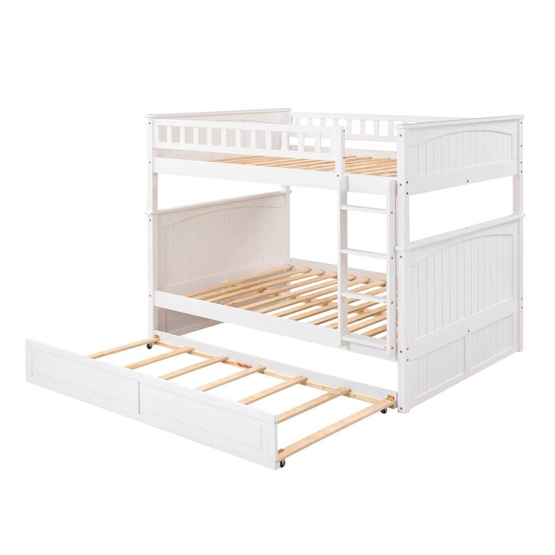 Full Over Full Bunk Bed with Twin Size Trundle, Pine Wood Bunk Bed Frame, Space-Saving Design with Guardrails